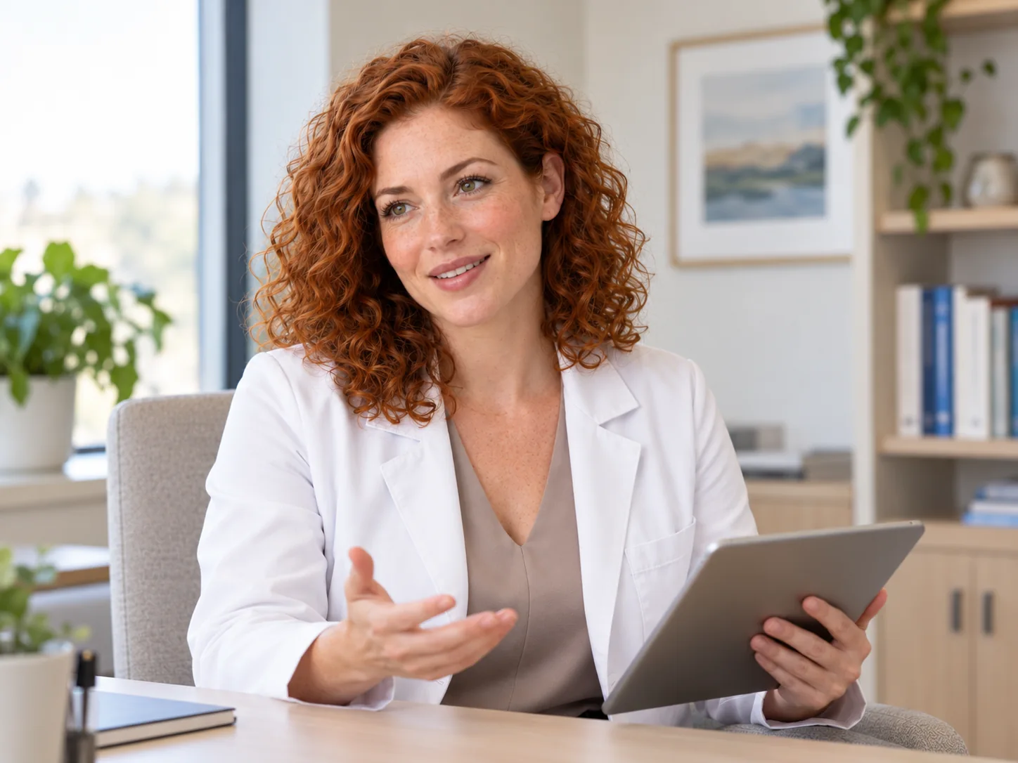 La misma médica pelirroja ficticia de Practice One durante una consulta