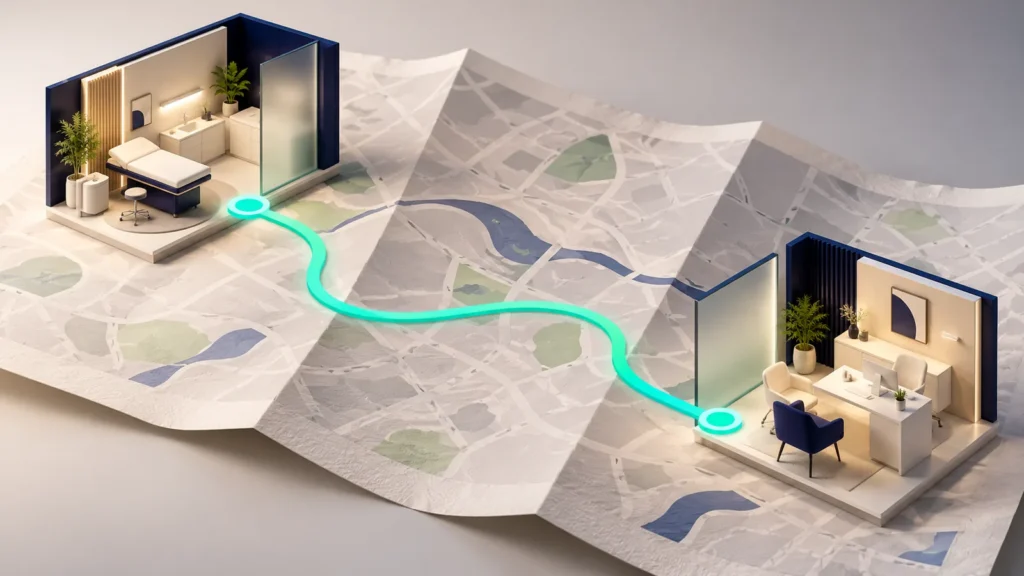 Dos consultorios conectados sobre un mapa