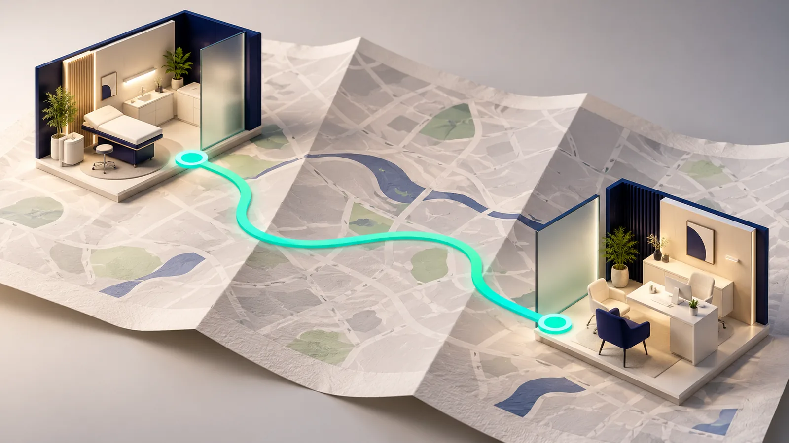 Dos consultorios conectados sobre un mapa