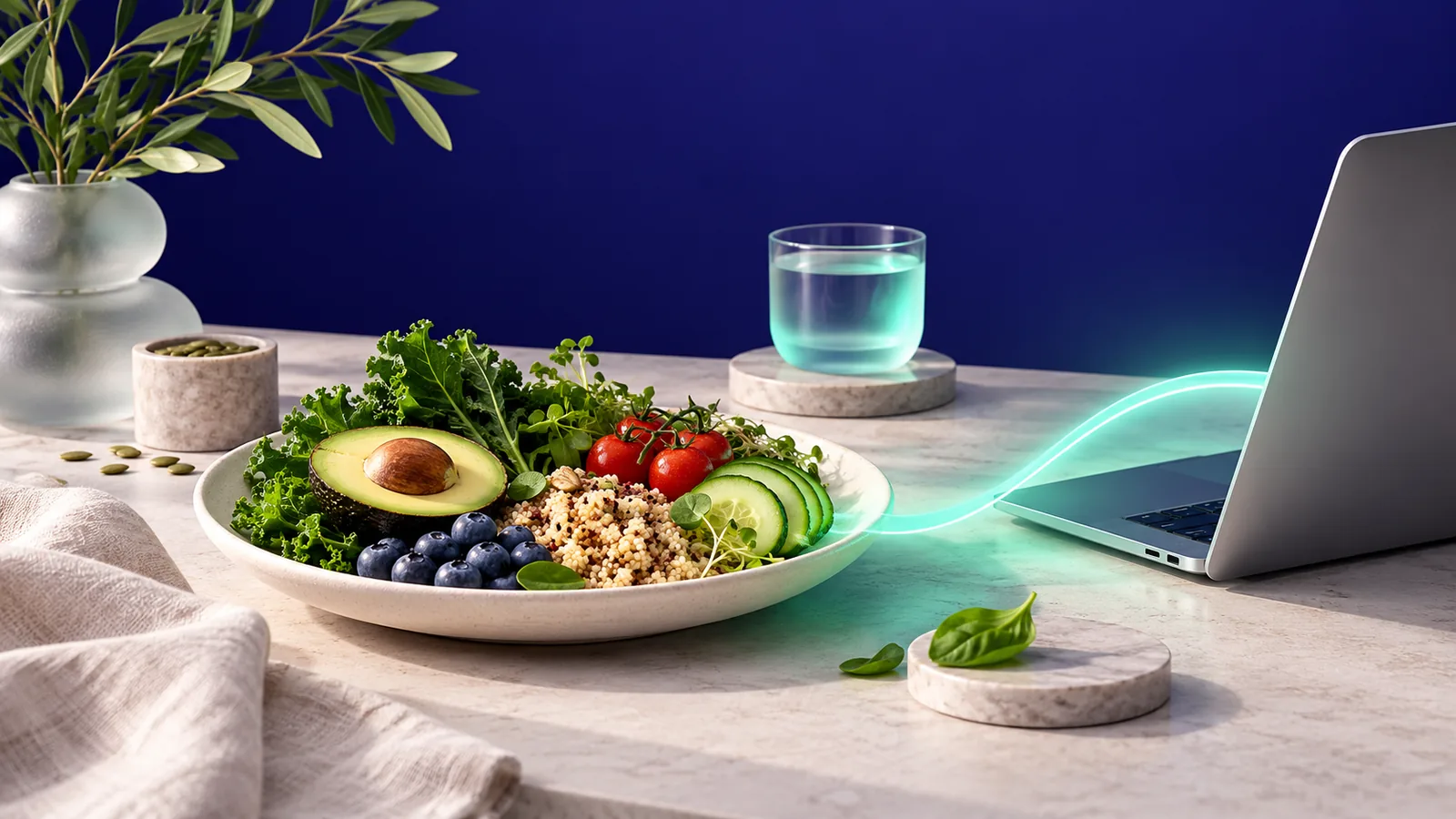 Alimentos variados y una computadora para una consulta a distancia