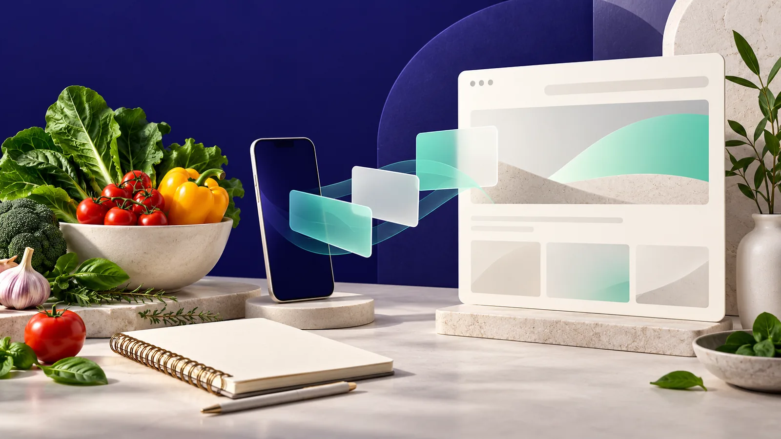 Vegetales, cuaderno y teléfono conectados con una página web