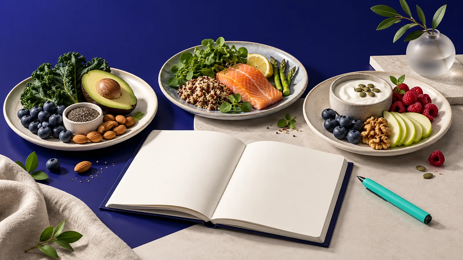 Platos con distintos alimentos junto a un cuaderno de planificación