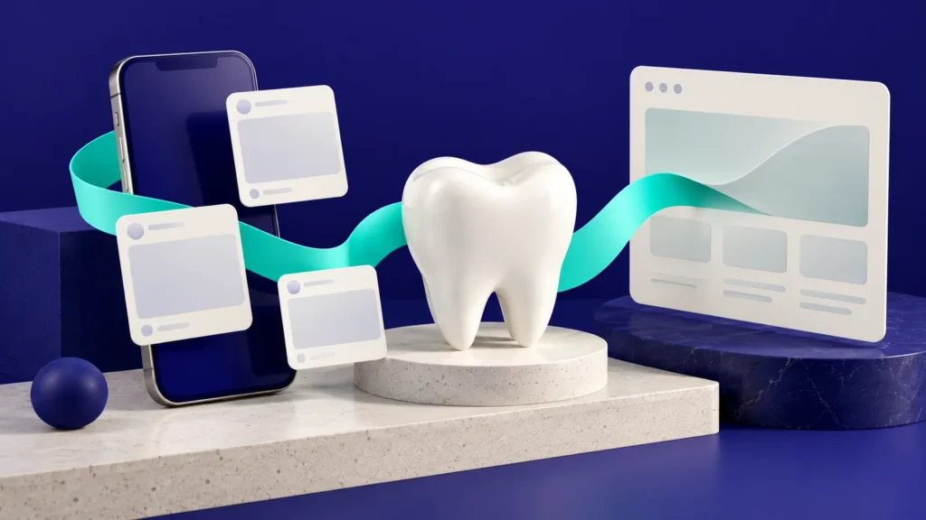 Un teléfono y tarjetas digitales junto a una pieza dental
