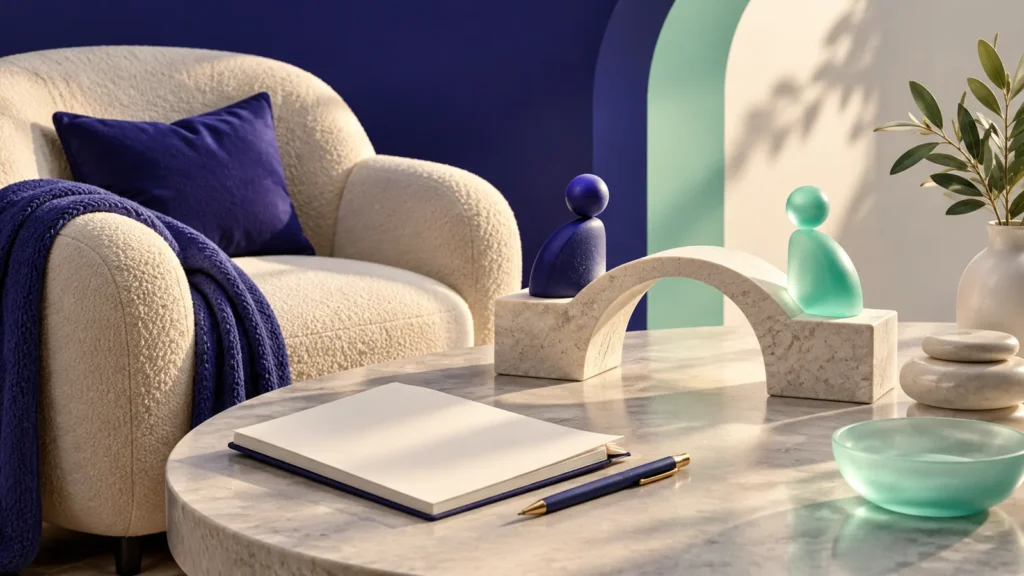 Sillón y cuaderno junto a un puente que representa la comunicación